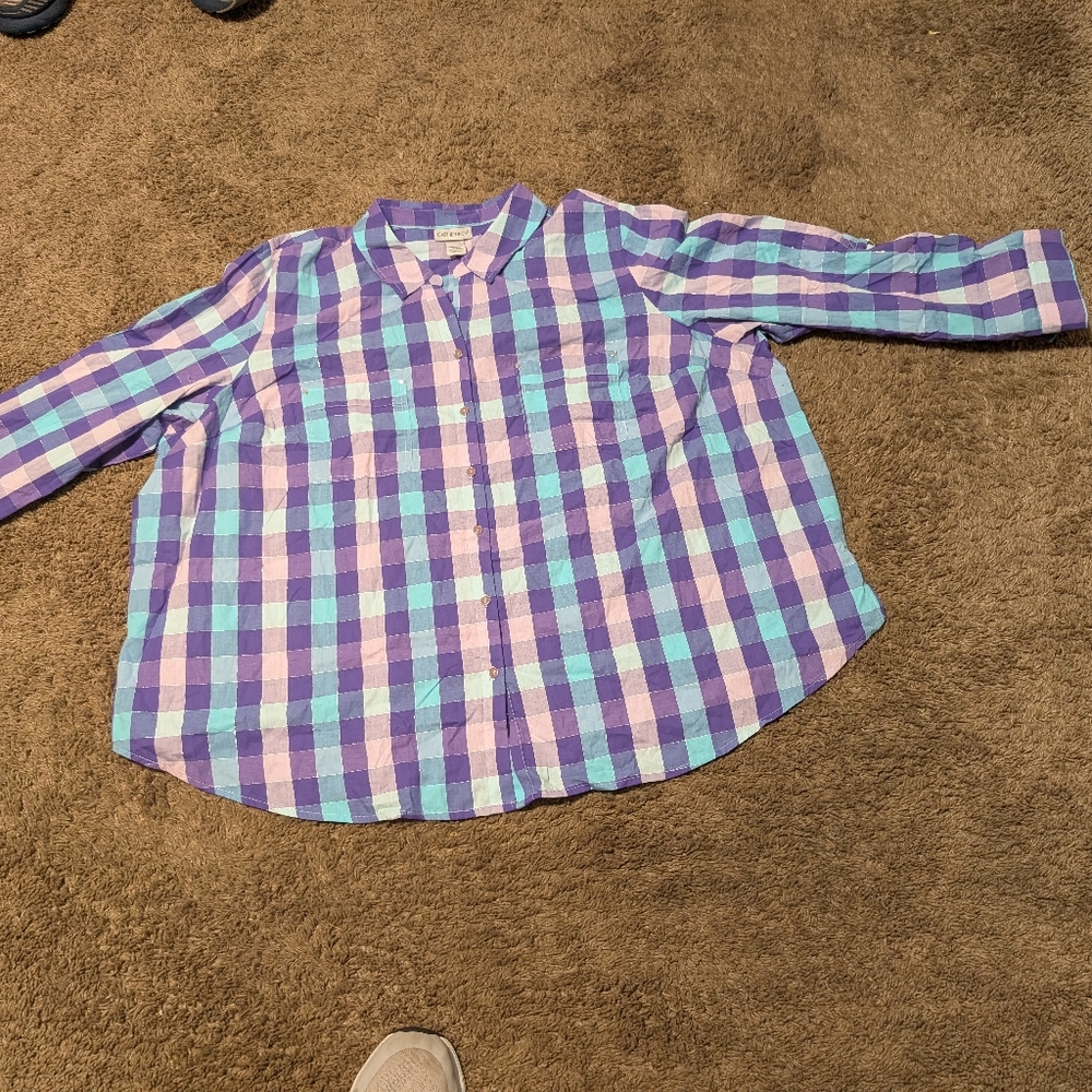 Catherines Plaid Button Up Shirt Long Sleeve Roll Up Women 3X Boho Purple